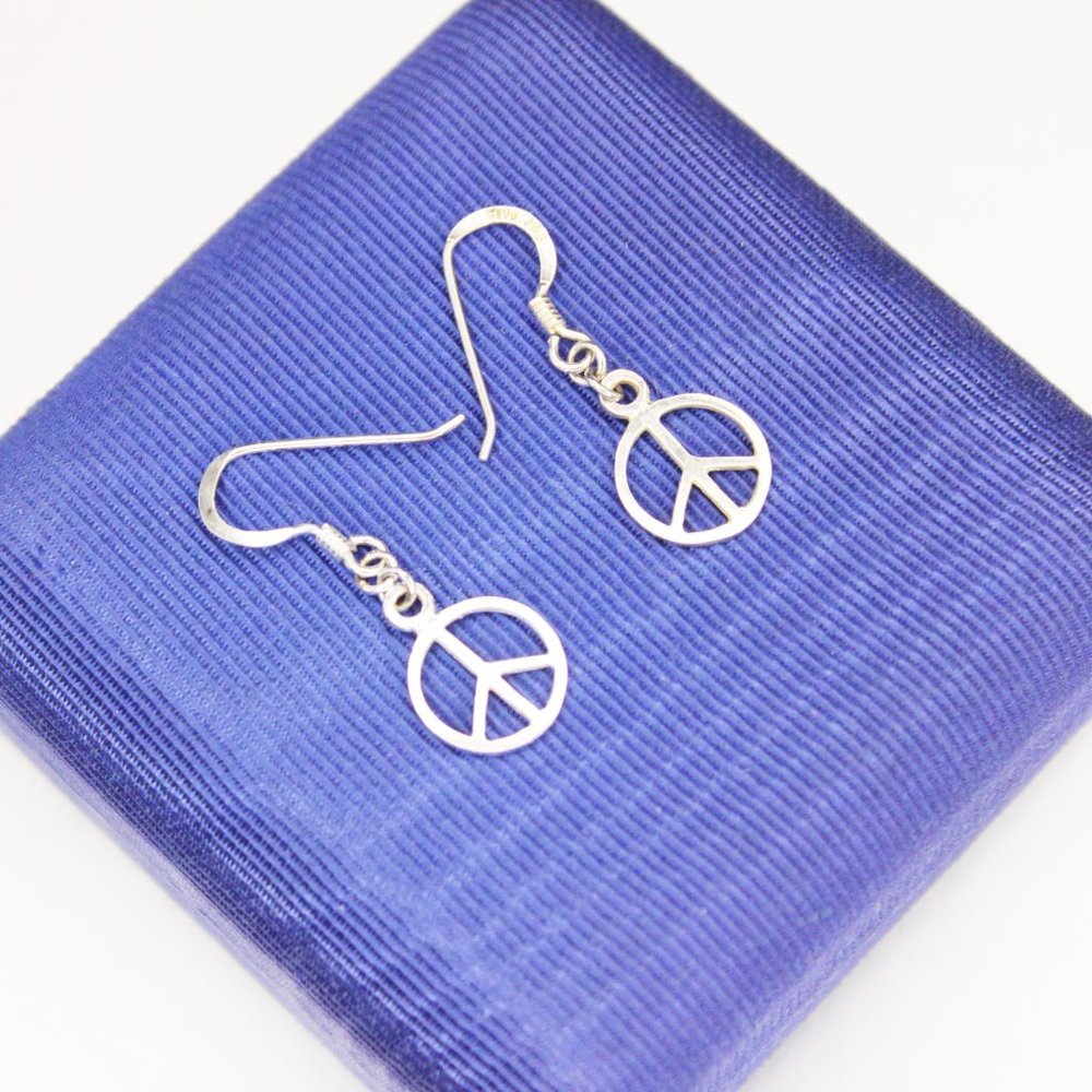 Sterling Silver 925 Signed TMA Peace Sign Inspirational Drop Dangle Earrings